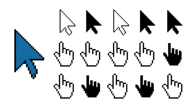 Set of pixel art computer mouse cursor arrow and hand pointer icons Vector