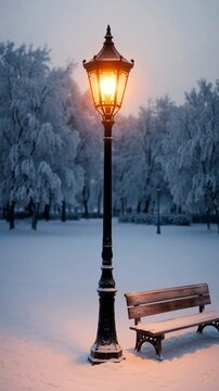 Glowing lantern illuminates a snowy park bench surrounded by frosty trees in peaceful winter twilight.