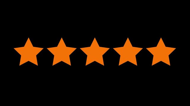 Five star rating icon animated video, animation video isolated on alpha channel background. Animated of 5 stars rating isolated on transparent white screen background.