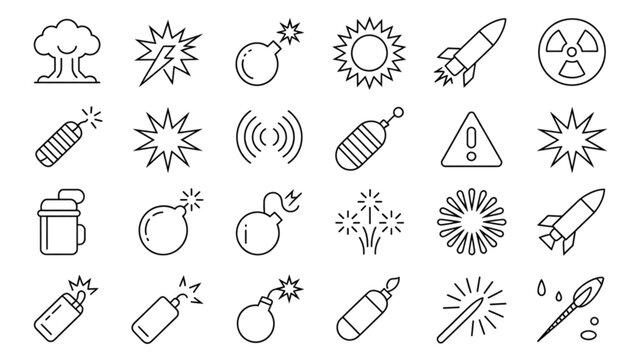 Set of thin line icons for explosion bomb missile and dangerous military weapons Vector
