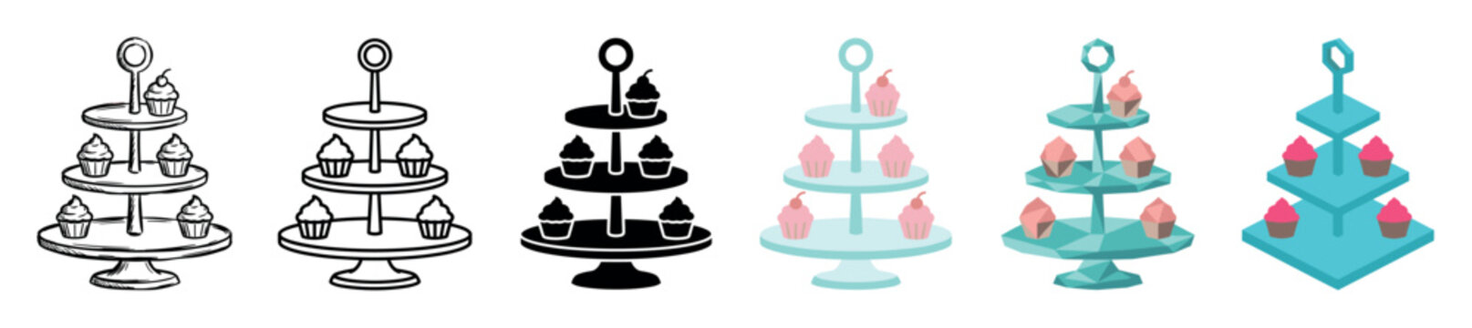 Cupcake stand dessert tier icons set in various styles including hand drawn, outline, glyph, flat, low poly, and isometric designs