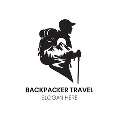 Obraz premium Backpacker Travel logo design template for adventurous outdoor tourists, wandering nomads, and explore holiday logo