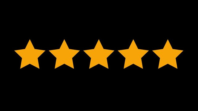 Five star rating icon animation isolated on a black background.4k video