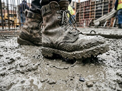 Muddy construction boots on wet ground at building site exterior