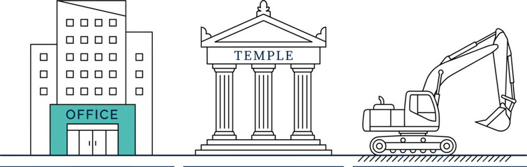 City architecture and construction set featuring office building exterior ancient temple with columns and heavy hydraulic excavator machinery line art vector illustration for urban development © Malati
