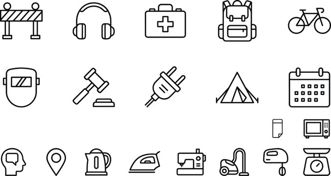 Comprehensive collection of black thin line vector icons featuring lifestyle items, household appliances, industrial tools, travel gear, legal symbols, electronics, and various everyday objects.