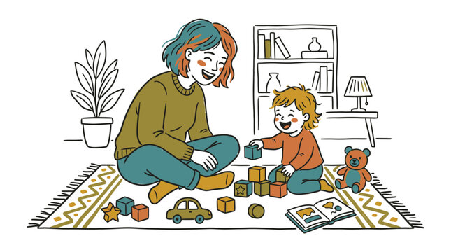 Smiling mother and little child engaged in playing with wooden toys on colorful rug in cozy living room with bookshelf and plant Naive vector