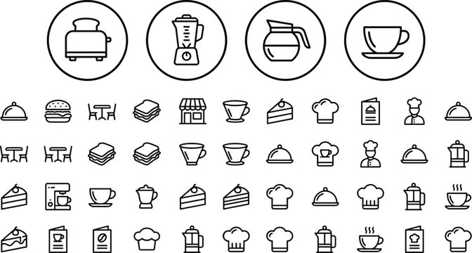 Kitchen appliance and restaurant icons set featuring toaster blender coffee pot cup cake burger chef hat and menu line art vector illustrations for cafe branding