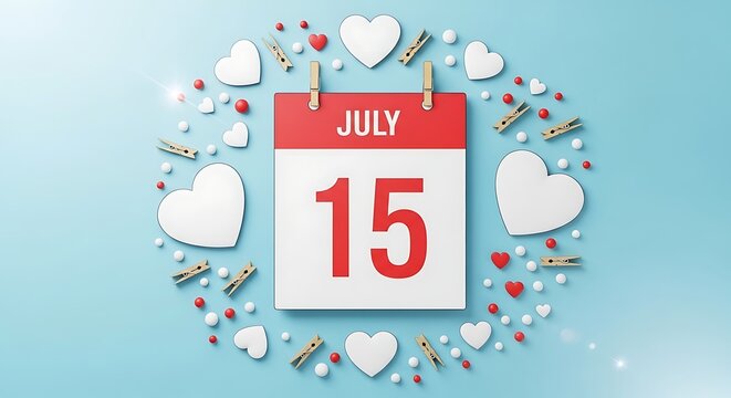 July 15th calendar date marked with red hearts and white clouds on light blue background