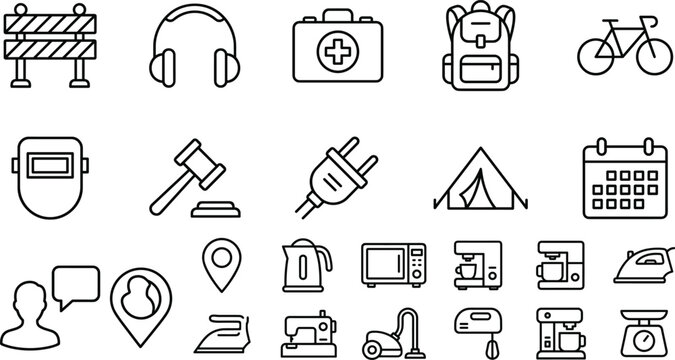 Large vector icon set featuring thin line illustrations of household appliances, kitchen tools, industrial safety gear, travel equipment, legal symbols, electronics, and lifestyle objects.