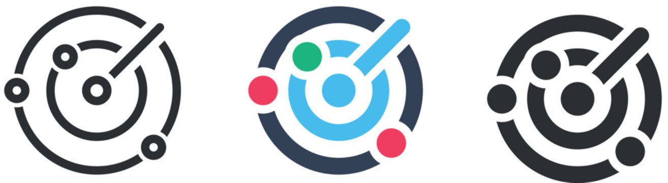 Radar screen vector icons, sonar scanning interface symbols, navigation and detection technology graphics for digital dashboard UI design