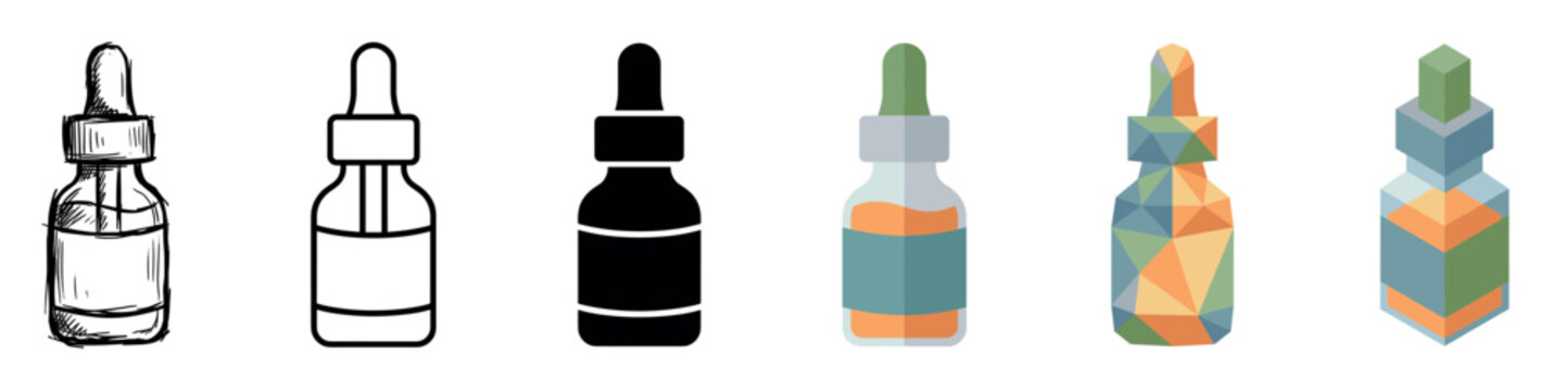Dropper bottle icons in various styles including sketch, outline, glyph, flat, polygonal, and isometric designs