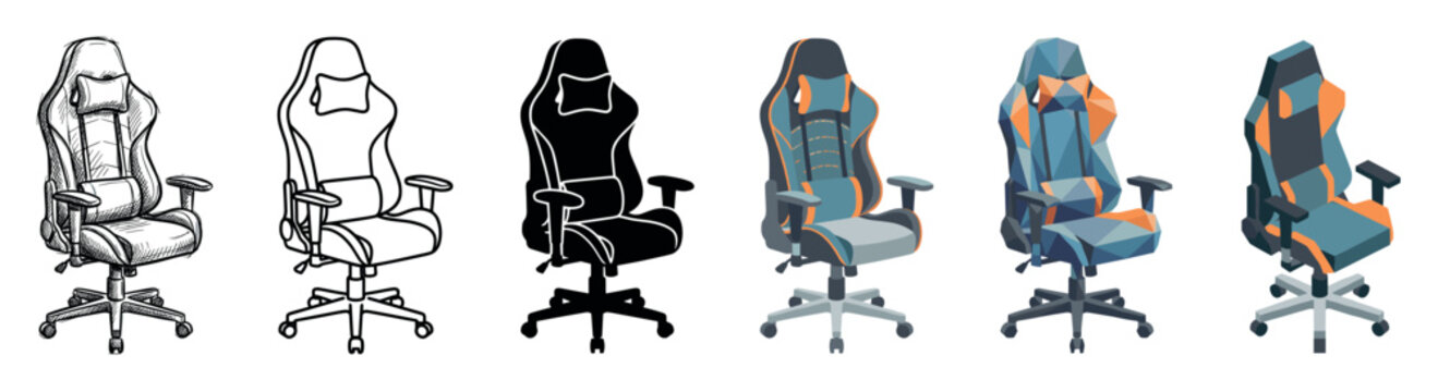 Gaming chair in various styles including sketch, outline, silhouette, flat, low poly, and isometric vector illustration set