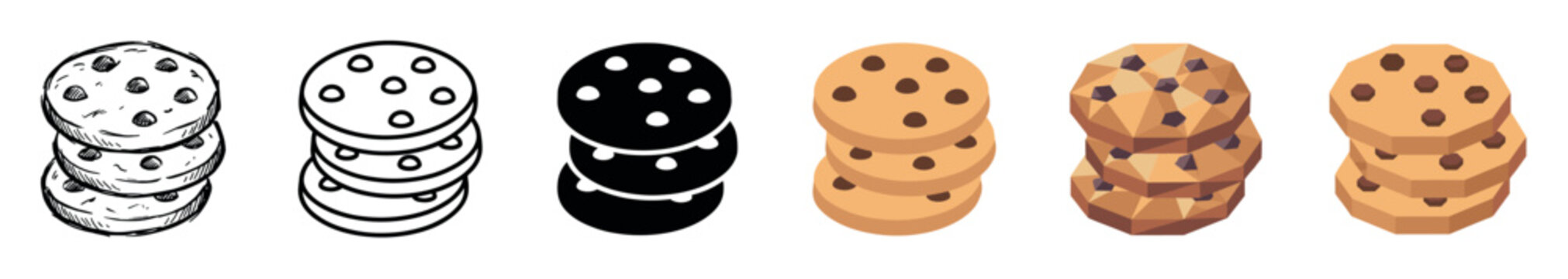 Chocolate chip cookies in various styles including hand-drawn, outline, solid, flat, and low poly vector illustration