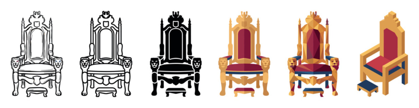 Royal throne chair icons in various styles including outline, solid, flat, low poly, and isometric vector illustration set