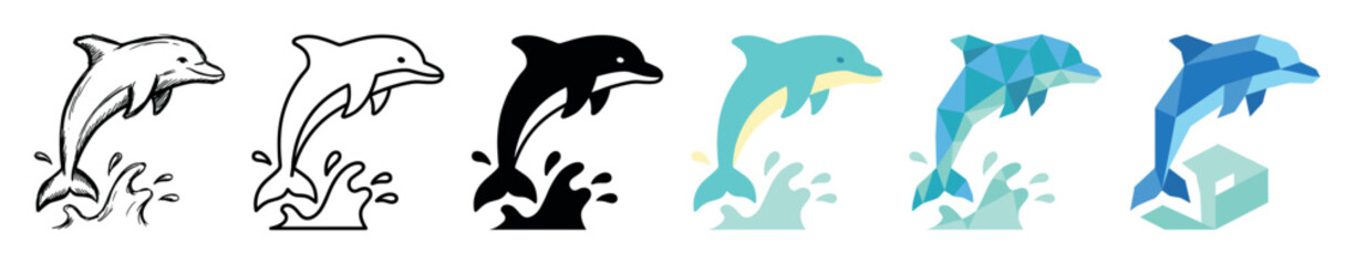 Fototapeta premium Dolphin jumping out of water in various styles including sketch, outline, solid, flat, and geometric vector illustration set