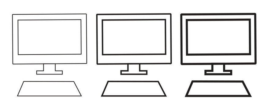 Minimalist computer monitor icons with keyboard, desktop display vector set in three line weights, modern workstation screen outline illustrations