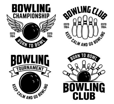 Bowling club championship logo set with ball skittles and wings