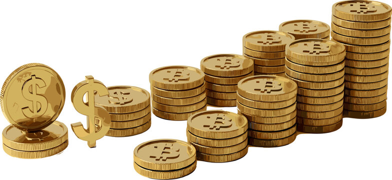 Gold Coins Stacks and Cryptocurrency Bitcoin Growth Graph with Dollar Currency Symbols for Financial Investment, Banking Concept, and Wealth Management Vectors