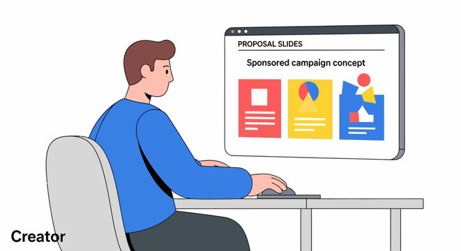 Digital Marketing Professional Creating a Sponsored Campaign Proposal Slide Presentation on Computer, Business Planning and Strategy Illustration