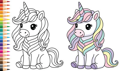 Unicorn sitting with flowing pastel mane in magical fantasy style as a delightful coloring page design © Vexello