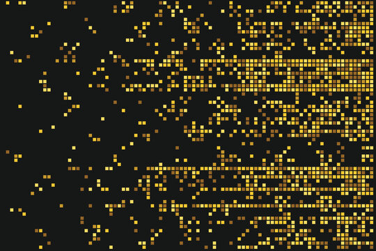 Golden square pixels dispersing on dark background, abstract pattern texture squares