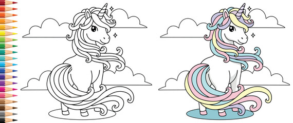 Unicorn standing in front of soft clouds with a beautiful wavy mane for a magical coloring page © Vexello