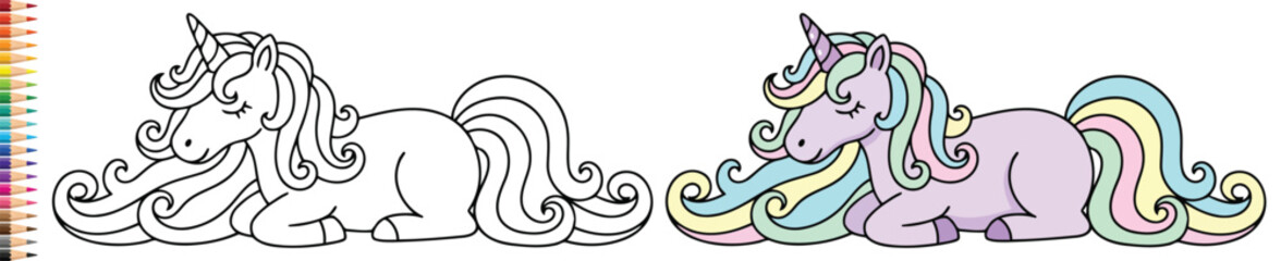 Unicorn resting peacefully with a beautiful wavy mane and tail for a magical children coloring page © Vexello