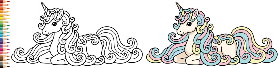 Unicorn resting on the ground with a beautiful wavy mane and tail for a magical kids coloring page © Vexello