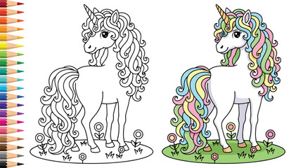Unicorn standing in a beautiful flower garden with a wavy mane for a magical kids coloring page © Vexello
