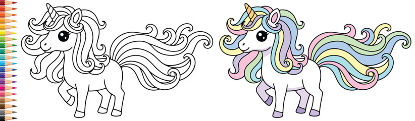 Unicorn with a beautiful wavy mane and long flowing tail stands proudly for this kids coloring page © Vexello