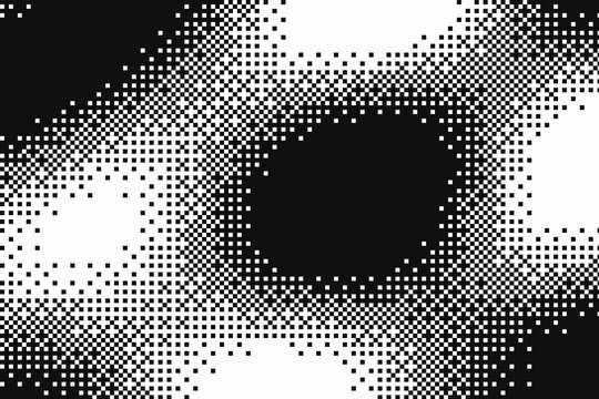 Black and white pixelated gradient transition with circular form abstract