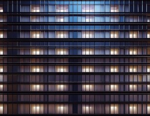 Obraz premium seamless skyscraper facade with windows and blinds at night modern abstract office building background texture with glowing lights against dark black exterior walls high resolution 3d rendering