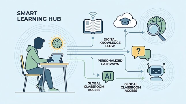 Man using laptop in smart learning hub with ai and digital knowledge flow