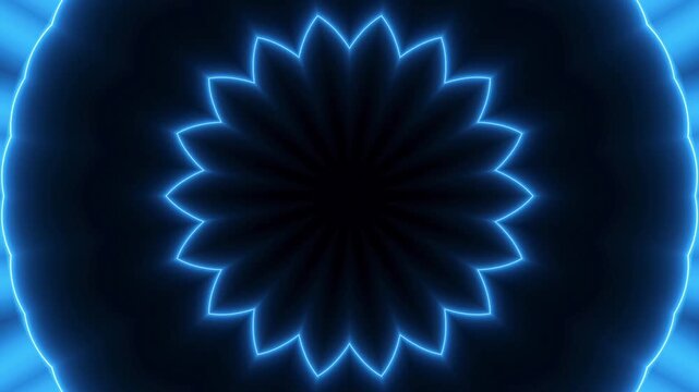 Blue neon flower mandala kaleidoscope motion background. Blue neon mandala glow abstract floral symmetry background, neon light background.