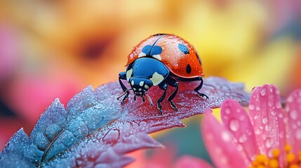 Obraz premium Colorful ladybug on dewy leaf