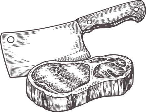 Vintage meat cleaver and steak illustration in hand drawn woodcut style for butcher shop.