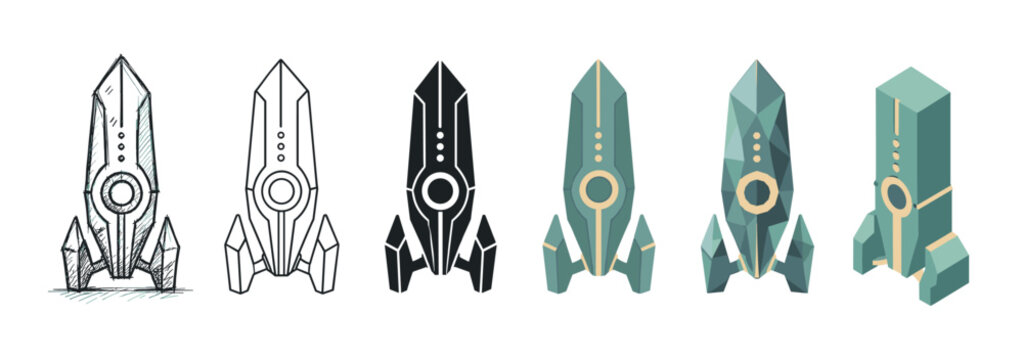 Rocket spaceship icons in various styles including sketch, outline, solid, flat, low poly, and isometric vector illustration