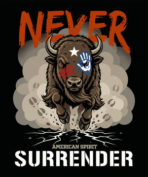 American Bison with Native American Face Paint Never Surrender Illustration