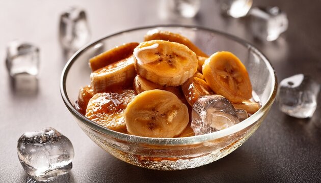 caramelized banana slices in clear glass bowl with water and ice