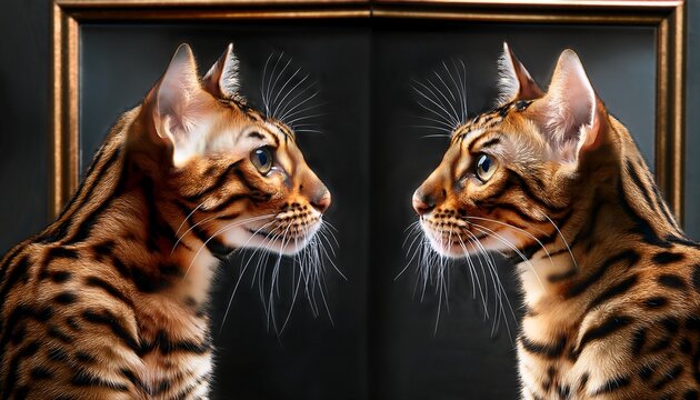 bengal cat facing its inner strength reflected as a majestic lion in a mirror