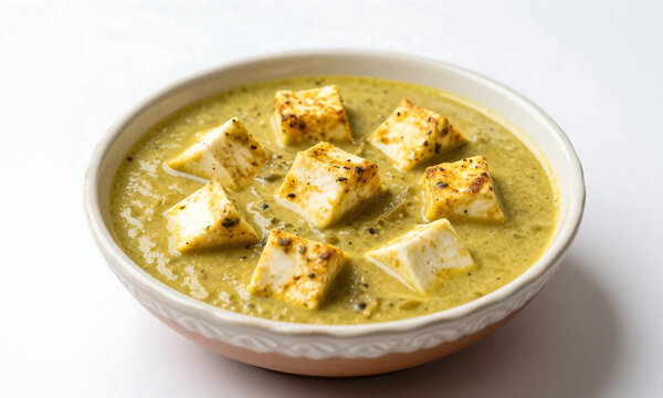rich creamy methi malai paneer curry decorative ceramic bowl clean white studio backdrop soft diffused studio lighting