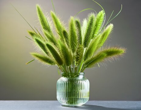 green foxtail grass bouquet with fresh leaves in glass vase