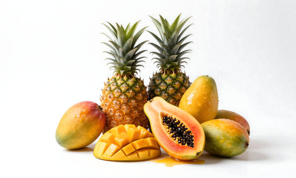 vibrant colorful tropical fruits pineapples mangoes arranged pyramid shape white studio backdrop slight soft