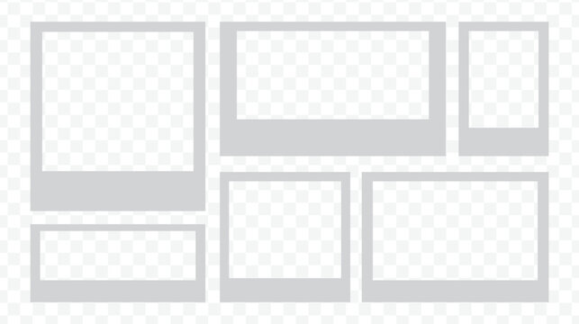 Collage frame template with six gray picture frames on a transparent background