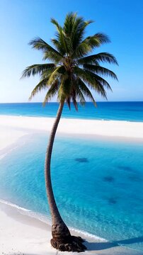 A peaceful tropical beach scene featuring a single palm tree against a vibrant blue ocean backdrop.