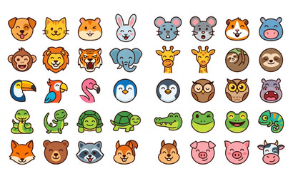 Fototapeta premium Animal emoji icon collection vector with cute birds reptiles and mammals emoticon faces