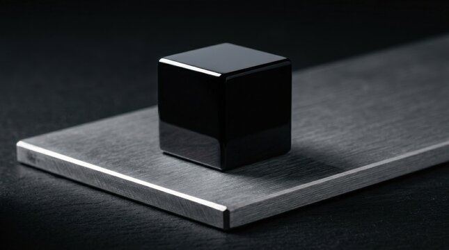 A sleek, glossy black obsidian cube casting a subtle shadow on a textured surface, showcasing minimalist design and modern elegance.