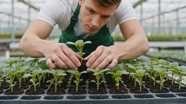 Serious Male Gardener in Green Apron Carefully Tending to Small Plant Seedlings in Trays Inside