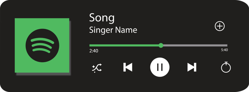 Spotify Style Music Player UI Template and Mockup withPlaylist Album Cover Playback Controls Search Library Podcast Streaming.  Play Button for Mobile App or Streaming Interface. Logo Vector Design
